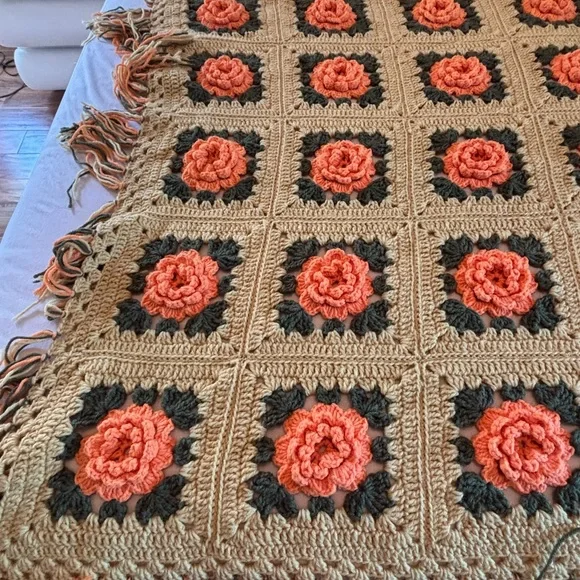 Handmade Crocheted Floral Granny Square Throw - Coral & Tan - Picture 2 of 13